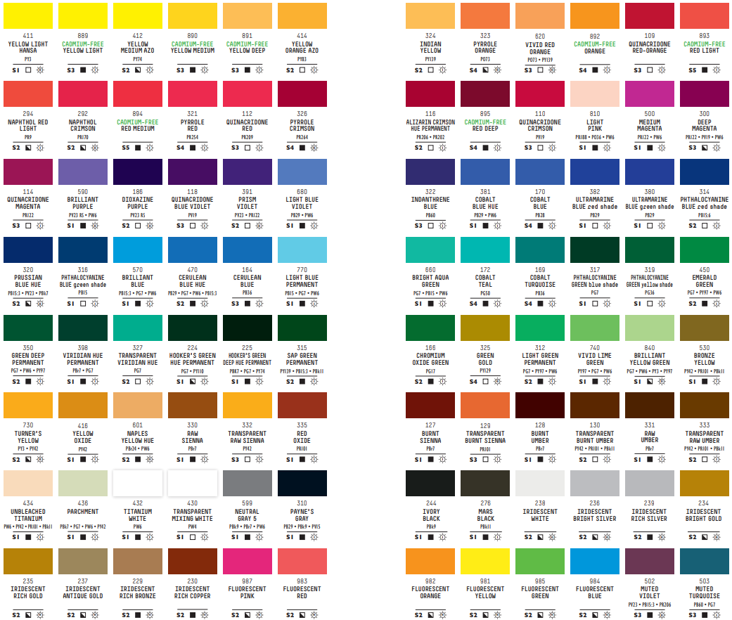 Color Chart - Liquitex® Soft Body Acrylic Paint (59ml) - Mona Lisa Artists' Materials Calgary Alberta 