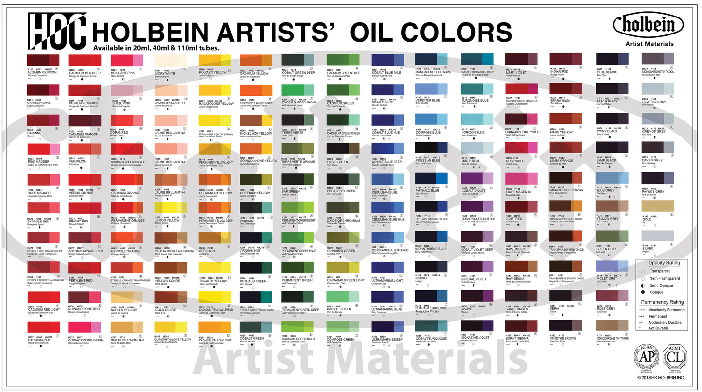 Holbein Artist Oil Color Chat - Mona Lisa Artists Materials Calgary Alberta Canada