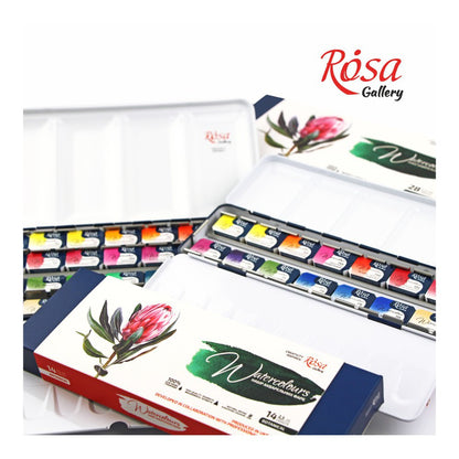 ROSA Gallery 14pc "Botanical" Watercolour Set - Made in Ukraine - Photo of included watercolours and metal case - Mona Lisa Artists Materials Calgary Alberta