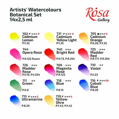 ROSA Gallery 14pc "Botanical" Watercolour Set - Made in Ukraine - Colour chart showing the 14 colours included in this set - Mona Lisa Artists Materials Calgary Alberta