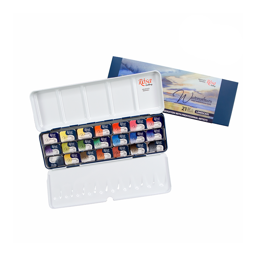 ROSA Gallery 21pc "Landscape" Watercolour Set - exterior, watercolour pans, and included metal case - Mona Lisa Artists' Materials Calgary Alberta
