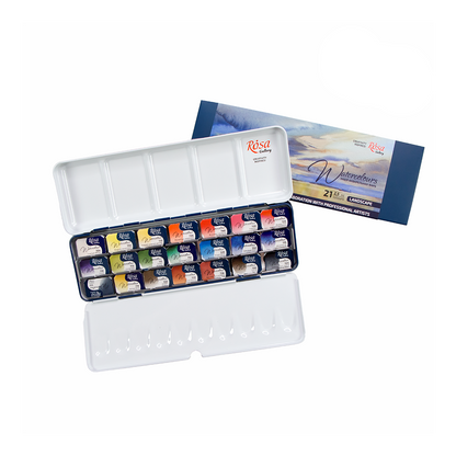 ROSA Gallery 21pc "Landscape" Watercolour Set - exterior, watercolour pans, and included metal case - Mona Lisa Artists' Materials Calgary Alberta