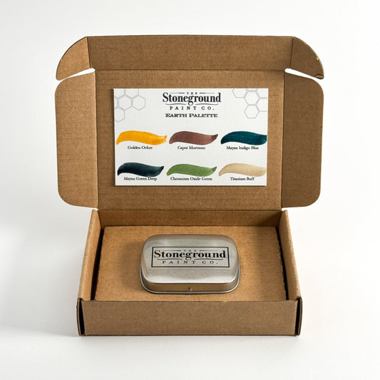 Stoneground Paint Co. "Earth Palette" 6pc Watercolor Set - Photo of packaging, including foldable box, hinged metal tin, & paint swatches. Mona Lisa Artists Materials Calgary Alberta
